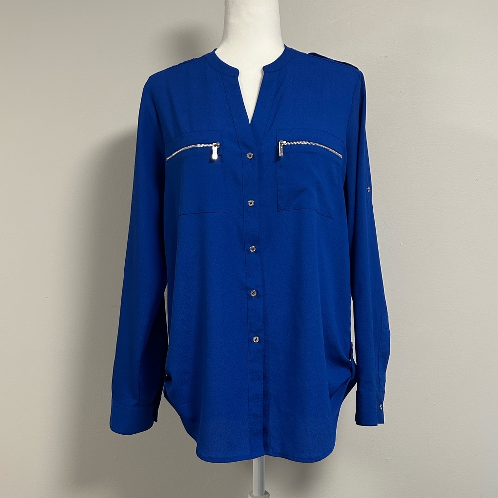 Calvin Klein Blue Button-Up Blouse w/ Silver Hardware | Size M